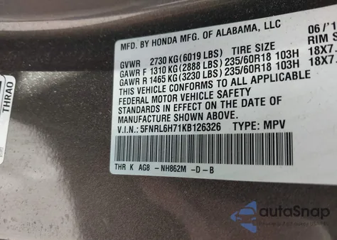 2019 Honda Odyssey Exl из США, поврежденный, VIN 5FNRL6H71KB126326